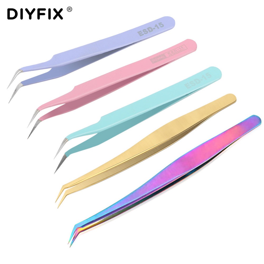 DIYFIX Eyelash Extension Tweezers Curved Tips Stainless Steel Forceps for Nail Art Rhinestones Gem Decor Picking Hand Tool