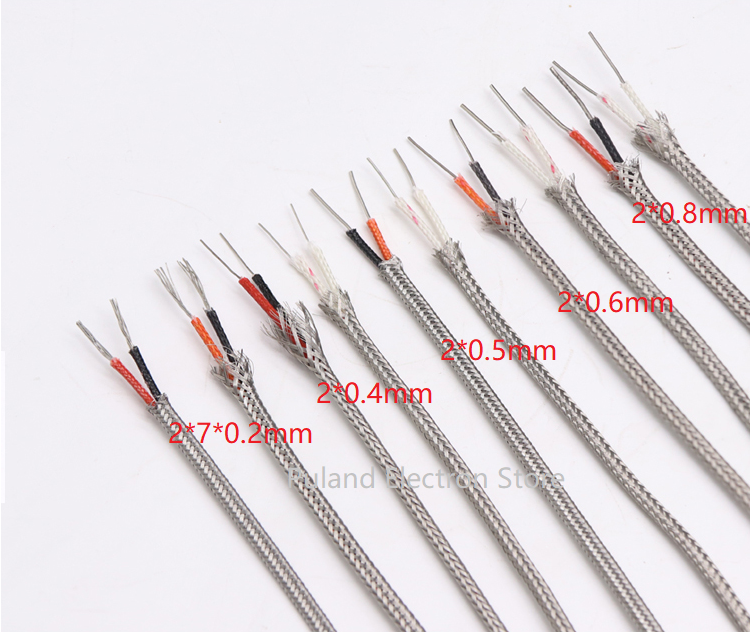 KX Type 2Core x 0.4mm Thermocouple Wire Stainless Steel Shield Fiber Braid Insulated High Temperature Sensor Compensation Cable