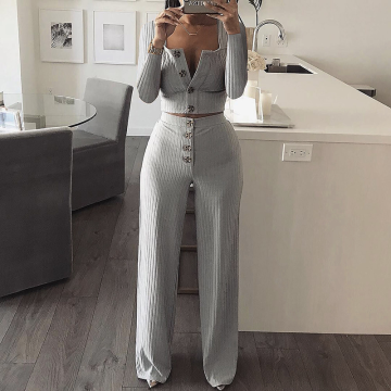 Autumn Women Knitted Rib Sexy 2 Piece Set Women 2019 Winter Casual Gray Matching Sets Outfit 2 Piece Set Elegant Straight Pants