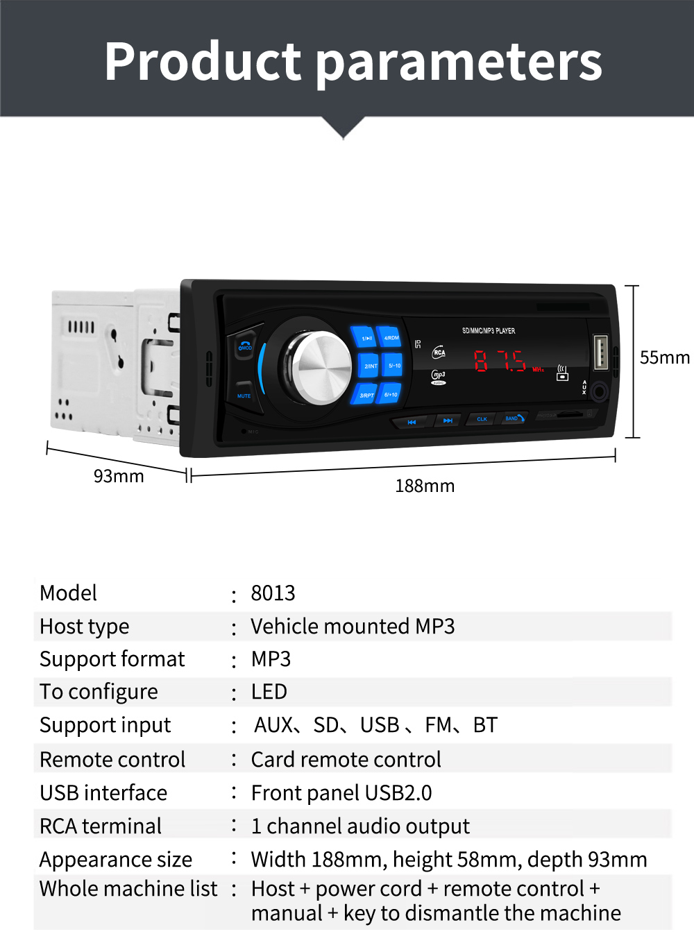 1 din 12V Universal Car Bluetooth MP3 Player Card Car Control Modification Car Stereo MP3 Player