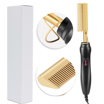 Gold multifunctional Eletric Hair Comb Hair Straightener Hair Curler Iron Comb Hot Heating Comb TPC Titanium Aluminum alloy