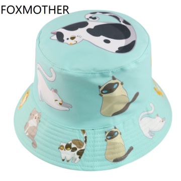 FOXMOTHER New Cute Double-side Animal Print Fisherman Panama Caps Sun Bob Chapeau Cat Bucket Hats For Women Ladies Mother Gifts