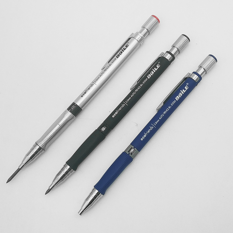 1 pcs Mechanical Pencil, 2.0 mm Lead Refill, Black/Blue/Silver Barrel Automatic Pencil for Exams Drawing School office supplies