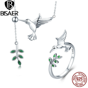 BISAER Jewelry Set 925 Sterling Silver Bird Hummingbirds Greeting Collar Anel Jewelry Sets For Women Fashion Earrings Jewelry