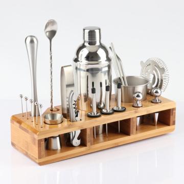 23pcs Stainless Steel Cocktail Shaker Set Barware Kit with Square Wooden Rack for Bartender Drink Party Bar Tools 1Set