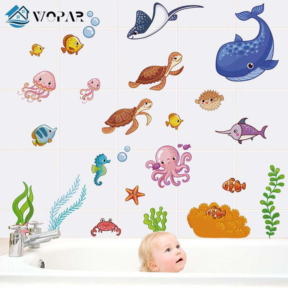 Waterproof Bath Sticker Fish Sea Cartoon Wall Sticker for Shower Children Kids Baby Bath Bathtub Tile Bathroom Sticker Removable