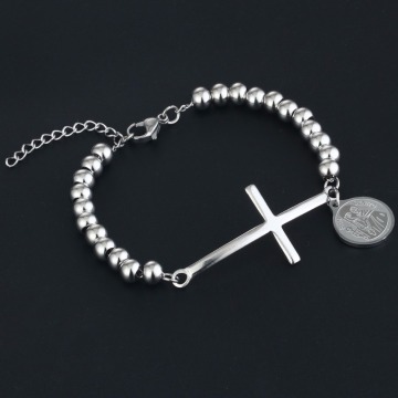 Cross Strand Handcuff Bracelet&Bangle Religious Jewelry Stainless Steel San Benito Medal Hang Bracelet Women's Accessories SL30