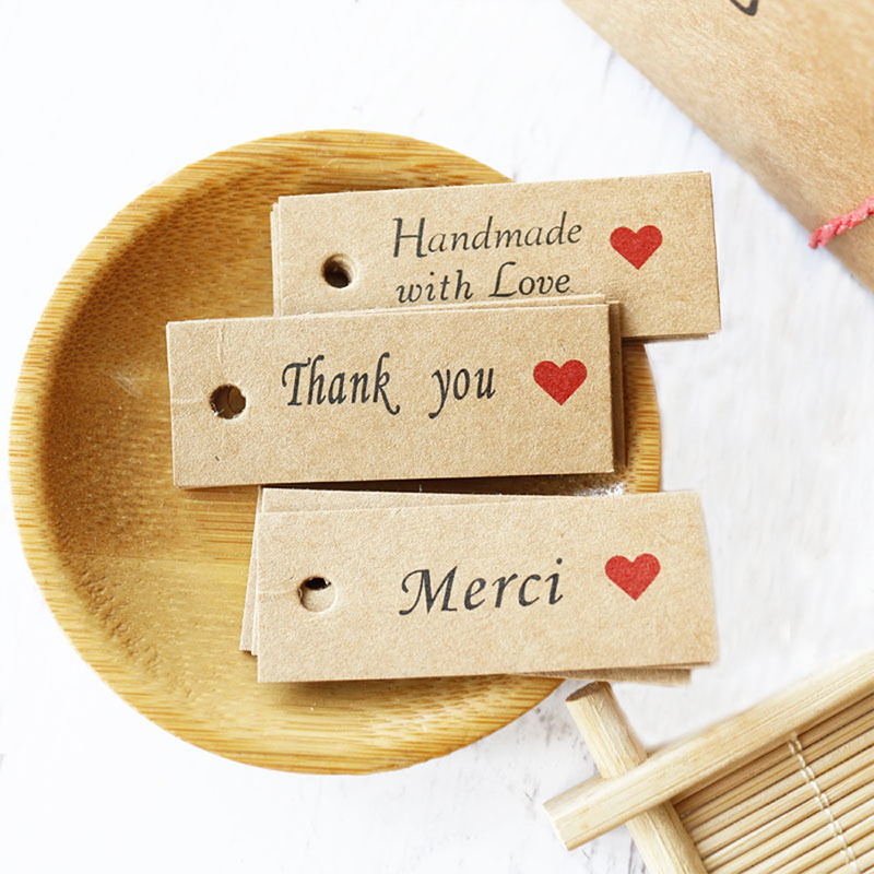 100pcs Thank You Kraft Paper Gift Tags Handmade Merci Paper Hang Tags DIY Price Label Garment Tags Gift Packing Label Cards
