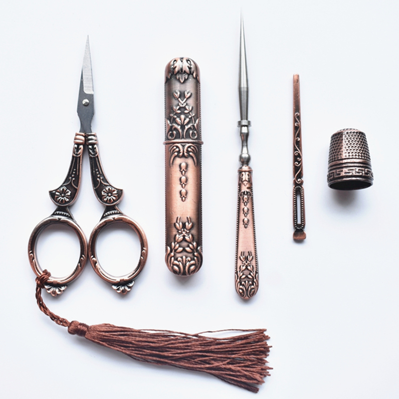 Retro Scissors Set Exquisite Vintage Scissor+Needle Storage Tube+Awl+Threader+Thimble Embroidery Tailor Scissors Sewing Supplies
