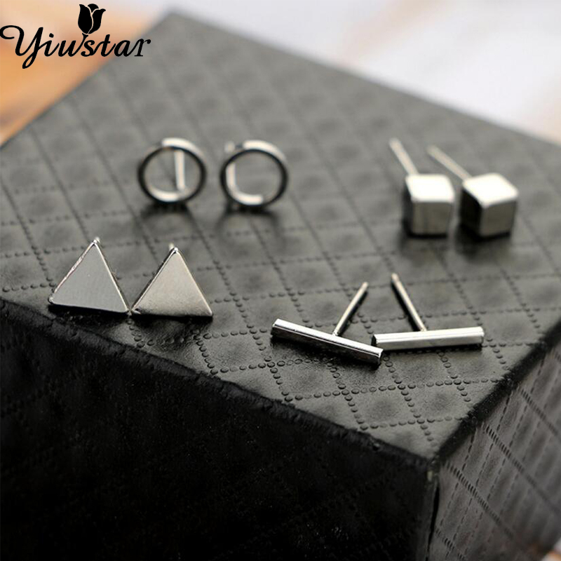 Yiustar New 4pair/Set Geometric Triangle Round Square T Bar Stud Earrings for Women Girls Kids Trendy Jewelry Brincos Bijoux