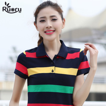 Ruoru M- 6XL Large Size Cotton Striped Ladies Polo Shirt Casual Slimming Short Sleeve women's Polo Shirt Fashion Polo Femme
