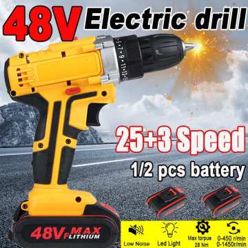 48V Electric Drill Double Speed 1/2 Lithium-Ion Battery Cordless Drill Household Rechargeable Electric Screwdriver Power Tools