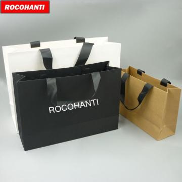 100X Wholesale Custom Printed Your Own Logo White Brown Black Paperboard Art Paper Shopping Paper Bag With Ribbon Handles