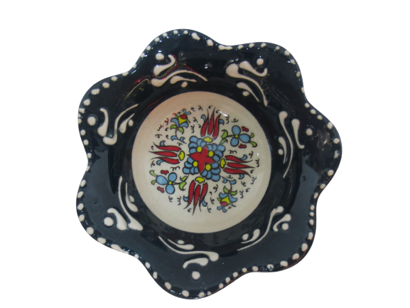 Hand Made Tile Patterned Daisy Shaped Kaolin Clay Quartz Limestone Bowl 8cm Black Colored Old Turkish Pattern Healty Gift