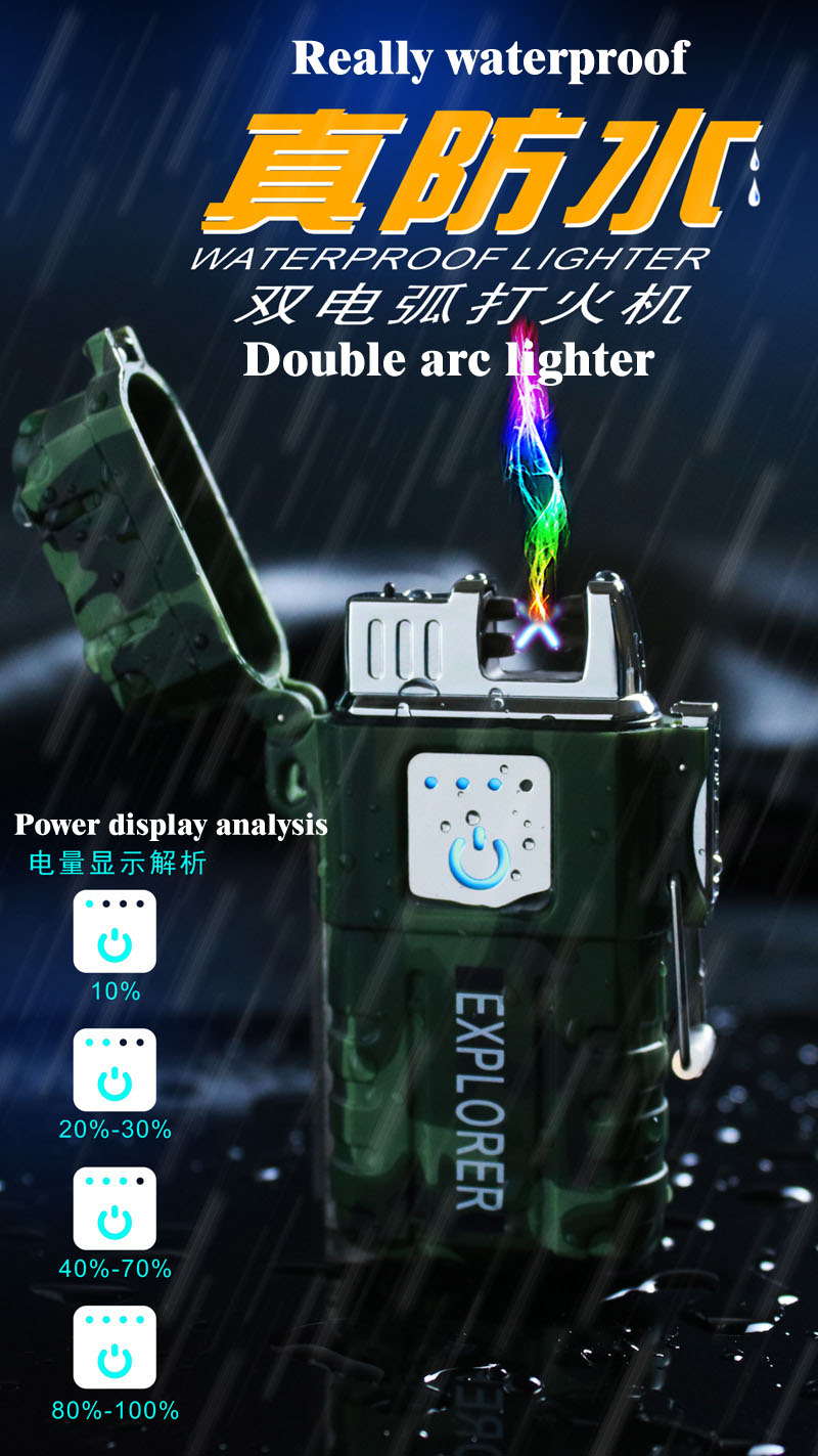 Waterproof double arc lighter rechargeable usb electronic cigarette lighter windproof creative light outdoor camping tide