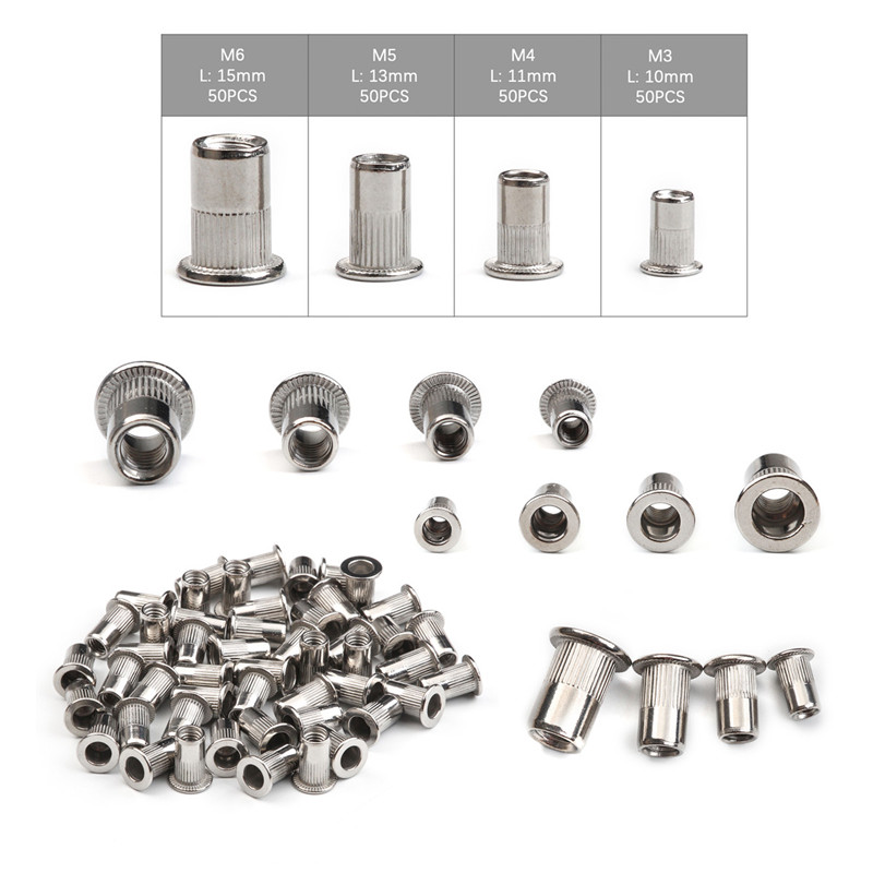 200/50 PCS Stainless Steel/Carbon Steel Flat Head Rivet Nuts Set M3 M4 M5 M6 DIY Hardware Insert Reveting Multi Size Rivet Nuts