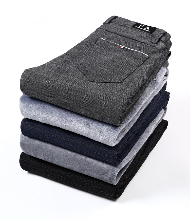 Brand Men's winter Fleece Fluff Thicken warm Casual Pants men Business Straight Elastic Thick Plaid cotton gray trousers male