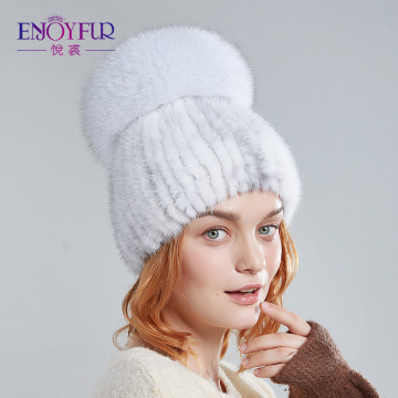 ENJOYFUR women fur hats for winter genuine mink fur cap with silver fox fur pom poms warm knitted beanies cap fur hat