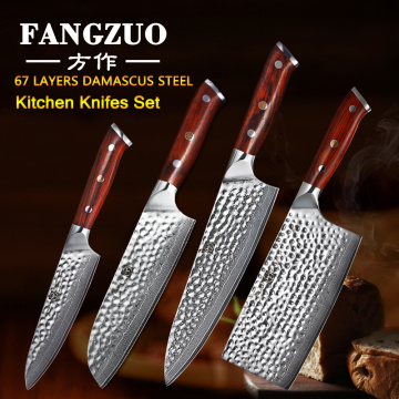 FANGZUO Japanese Damascus Steel Cooking Knife Set Stainless steel handle Chef Santoku Cleaver Utility Knives Kitchen Knife Sets