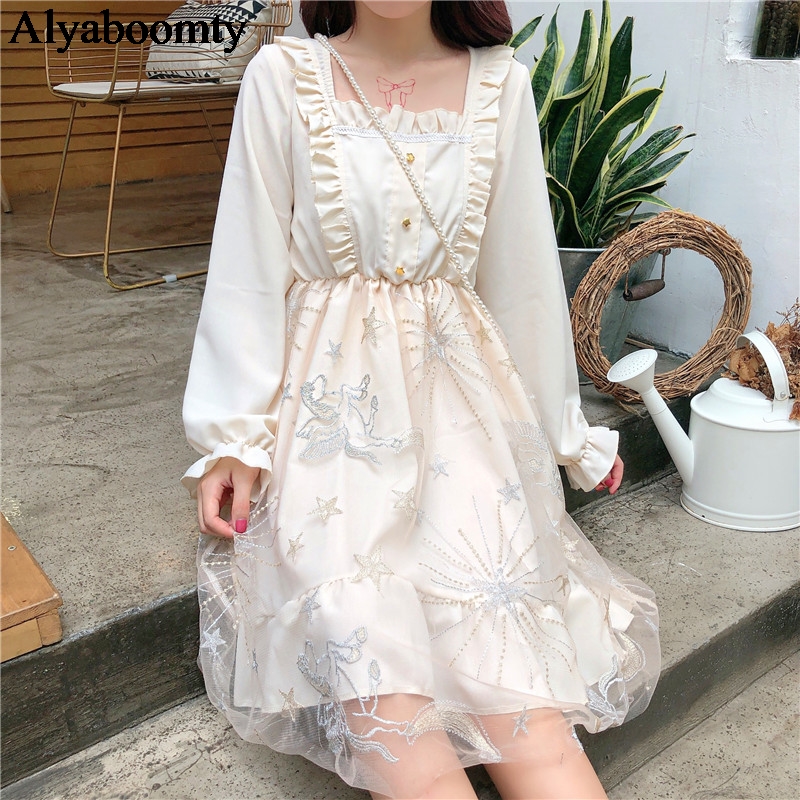 New Japanese Lolita Style Spring Autumn Women Sweet Dress Square Collar Print Mesh Party Dress Cute Kawaii Princess Tulle Dress