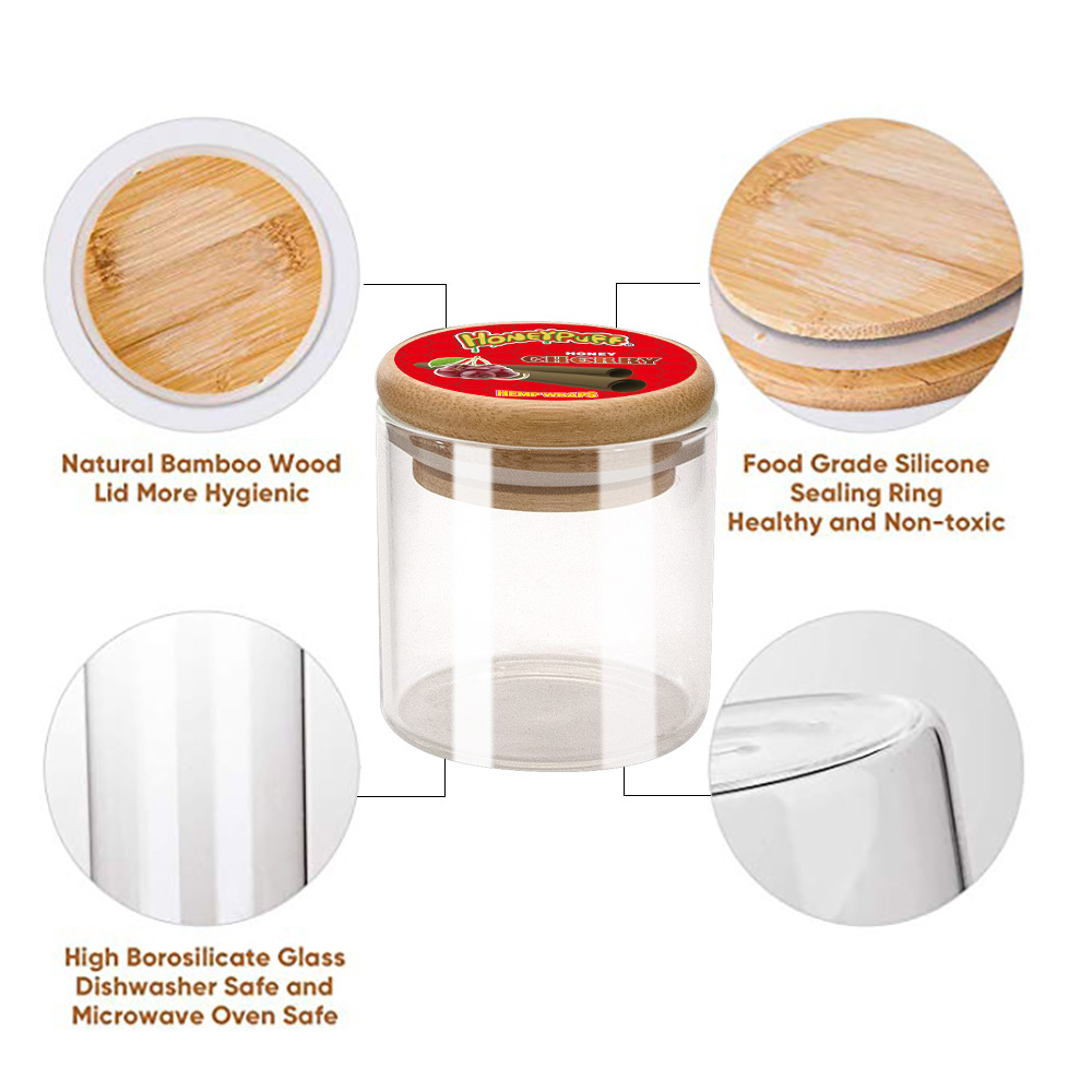 HONEYPUFF Clear Glass Storage Tank with Wooden Moisture-proof Cover Vacuum Sealed Bottle with Flavor Pattern Silicone Pad Jar
