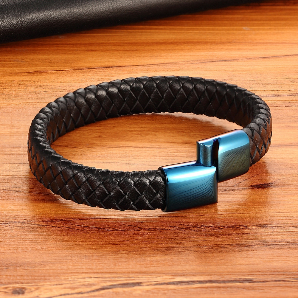 Classic Luxury With Blue Color Leather Combination Stitching Blue Color Simple Buckle For Stainless Steel Leather Men's Bracelet
