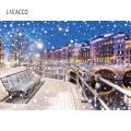 Laeacco Winter City Bridge Street lamp Bench Night Scenic Polka Dots Tree Baby Photodrop Photography Background For Photo Studio