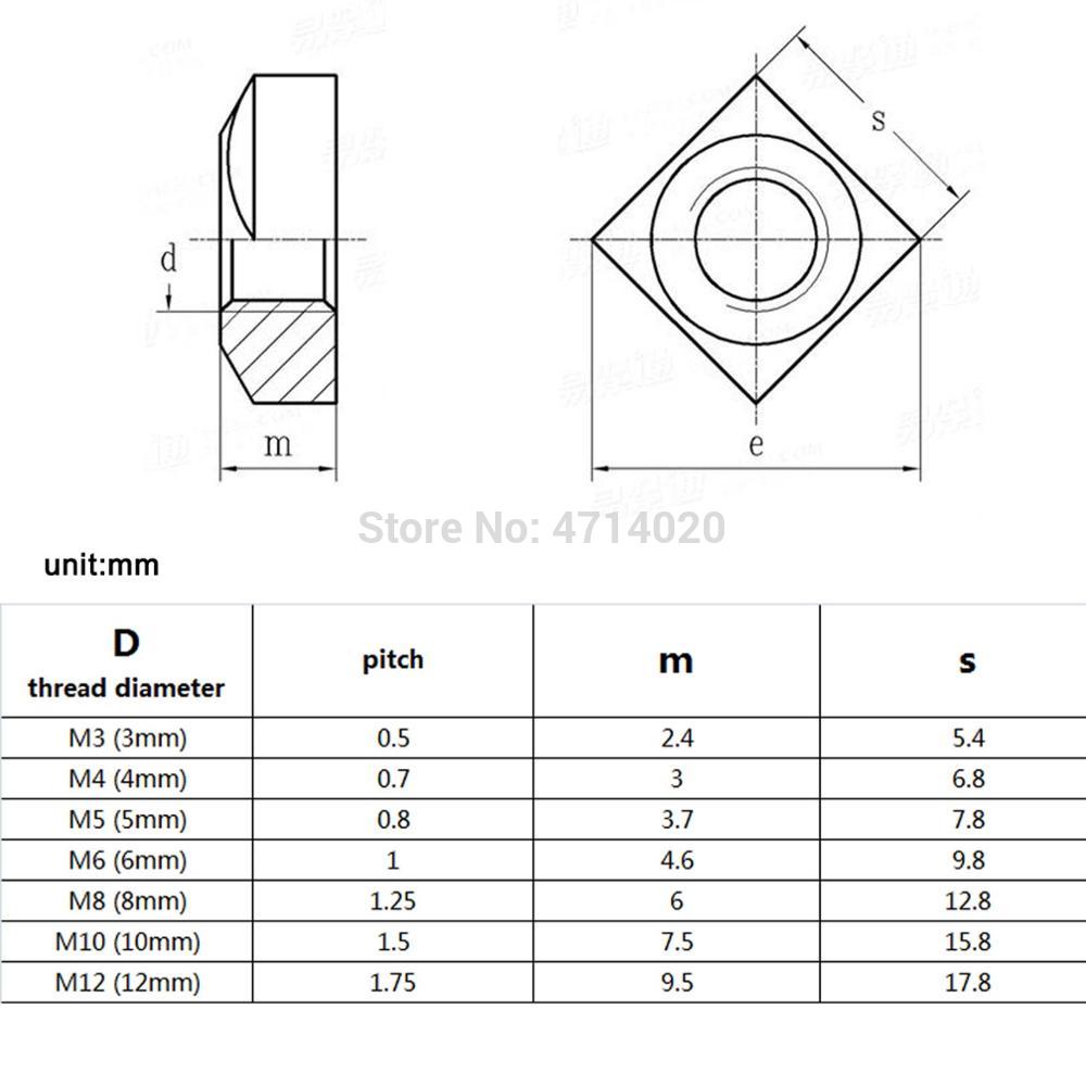 20/100pcs High Quality M3 M4 M5 M6 M8 M10 M12 DIN557 GB39 304 A2 Stainless Steel Metric Threaded Square Nut Foursquare Quadrate