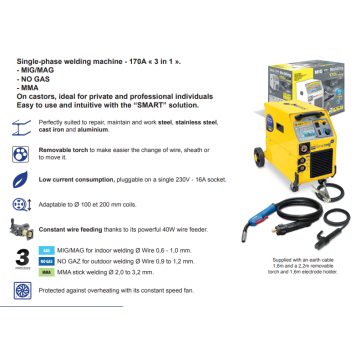 GYS-SMARTMIG 3P Single-phase welding machine MIG/MAG NO GAS and MMA three in one Convenient for personal and professional use