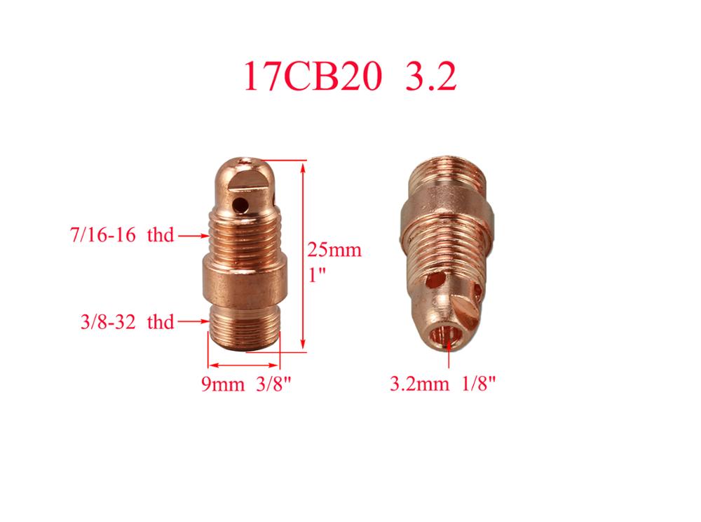 17CB20 1.6mm (2.4mm 3.2mm Optional) Stubby Collet Body TIG Welding Torch WP PTA SR 17 18 26 Consumable Accessories, 5pcs