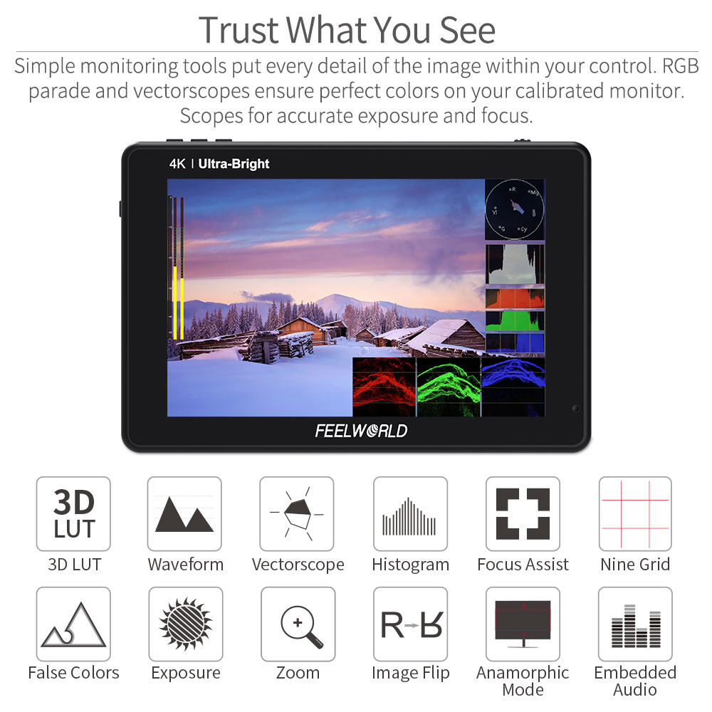 FEELWORLD LUT7 7 Inch Camera DSLR Field Monitor 3D LUT 2200nits Touch Screen with Waveform VectorScope Focus Assist