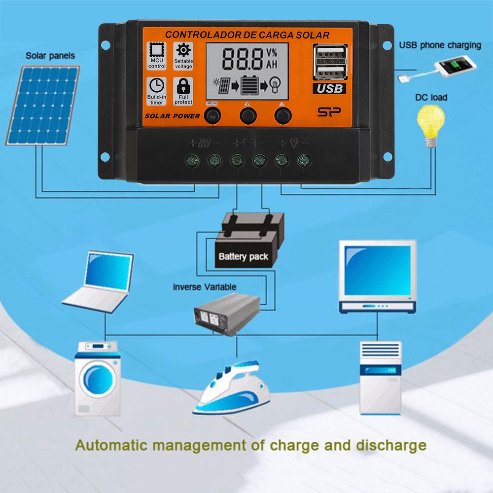 DC 12V/24V Solar Panel Controller 10A/40A/50A/100A Auto Solar Charge Controller PWM Controllers 5V/3A Dual USB Output