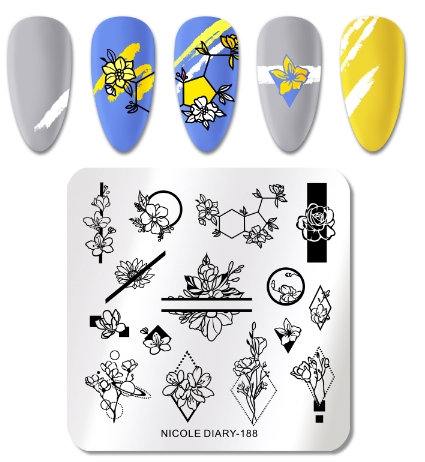 NICOLE DIARY Square Nail Stamping Plates Stainless Steel Flower Series Nail Art Stamp Stencil Printing Tool