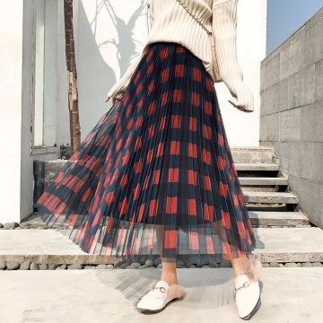 GIGOGOU Plaid Mesh Spring Summer Women Tutu Skirts High Waist A Line Maxi Tulle Skirt Elegant Long Midi Pleated Skirt Femme