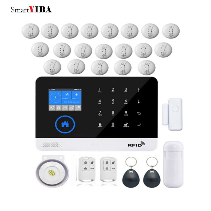 SmartYIBA WIFI RFID APP Smoke Fire Detector Sensor Alarm Kits Wireless GSM Alarm Remote Security Protection System Home Alarm