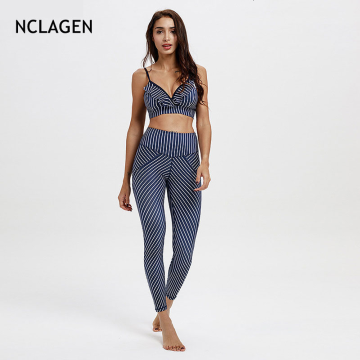 NCLAGEN yoga set Women Striped 2 PCs Sports Suit Ruffles Crop Tank Top Bra Push-up Sexy Slim Fitness Leggings GYM Pant Outfits