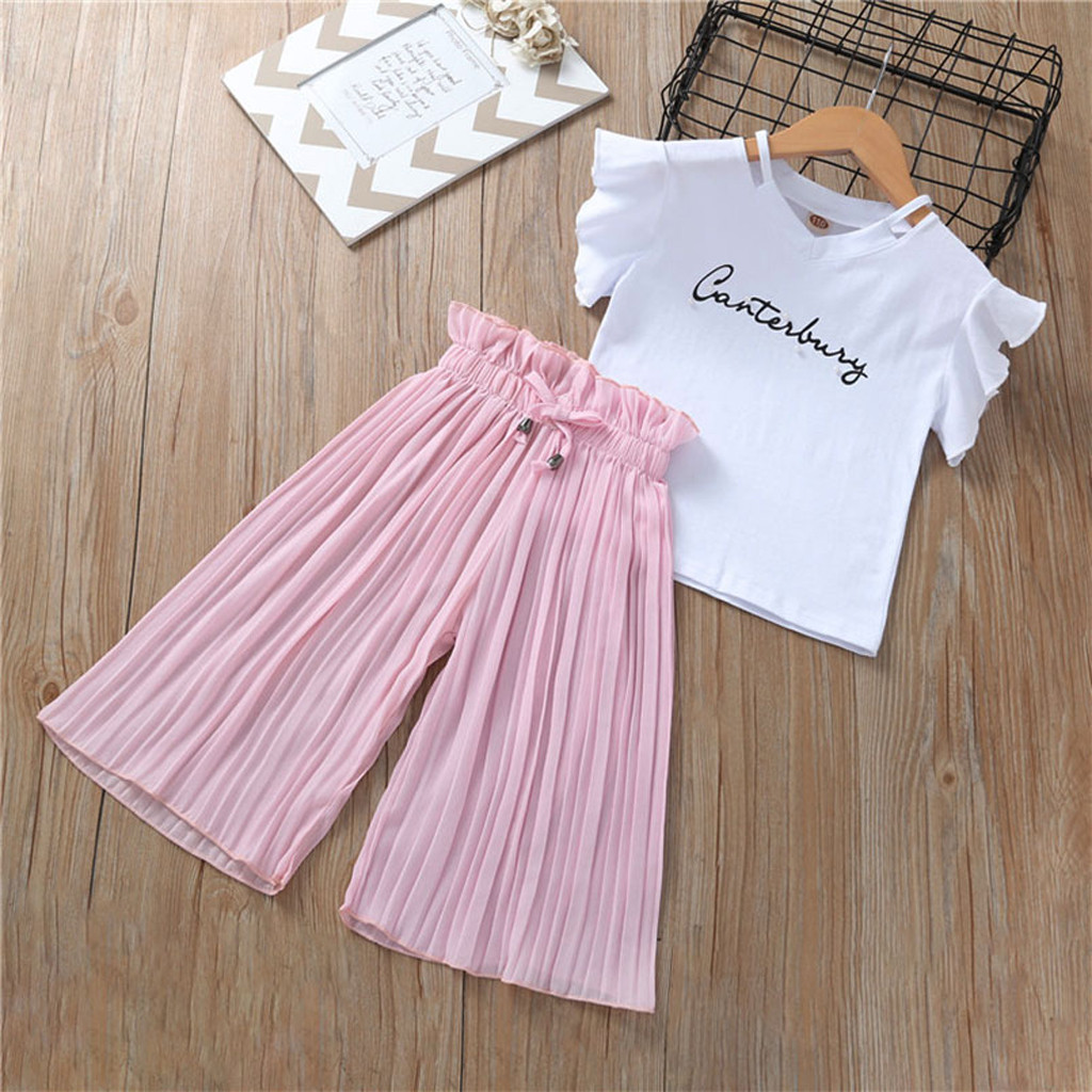 Children Clothing Set Kids Baby Girls Letter T Shirt Tops+Ruffle Loose Pants Outfits Costume Girls Fashion Leisure Clothes C850#