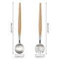 2 Pcs Salad Spoon Fork with Long Wooden Handle Set Stainless Steel Dessert Fruit Kitchen Tableware Tools