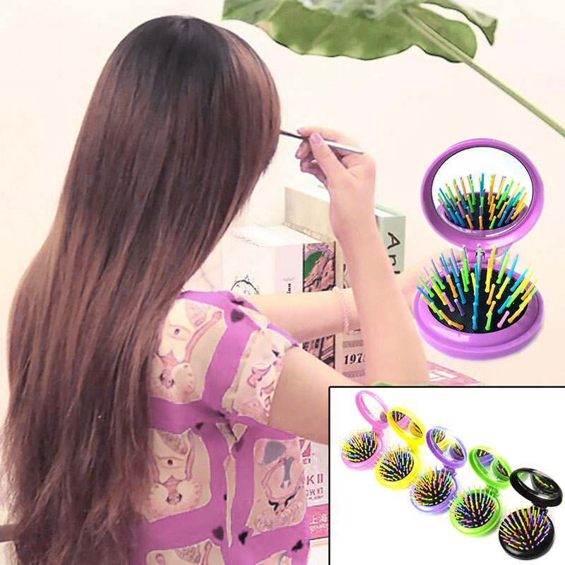 YAS 1PC New Mini Round Folding Comb with Mirror Magic Health Massage Brush Portable Colorful Hair Comb for Adults Baby