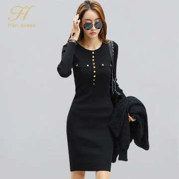 H Han Queen Vintage Autumn Winter Knitted Dresses Elegant Work Long Sleeve Pencil Vestidos Bodycon Office Career Women Dress New