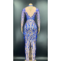 Blue Rhinestone Sequin Fringe Spandex Long Dress Birthday Celebrate Show Dress Women Dancer Singer Prom Party Dress YOUDU