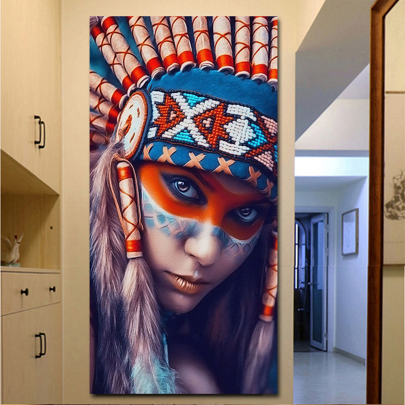 Modern Oil Painting Indian Girl with Feathered Portrait Pop Art Canvas Painting Poster Wall Picture for Living Room Home Decor