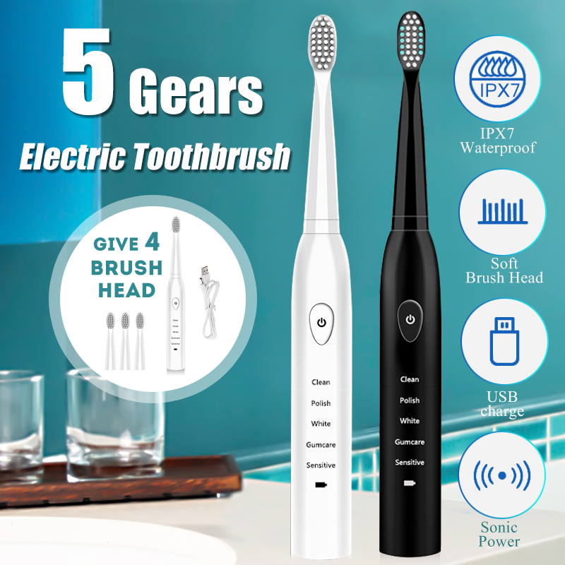 Ultrasonic Electric Toothbrush Adult Timer Brush Usb Charge Soft Tooth Brushes With 4pcs Replacement Head 5 Vibration Mode