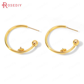 (35931)6PCS 30x29MM 24K Gold Color Brass with Half Pin Round Earrings Loop Stud Earrings High Quality Diy Jewelry Accessories