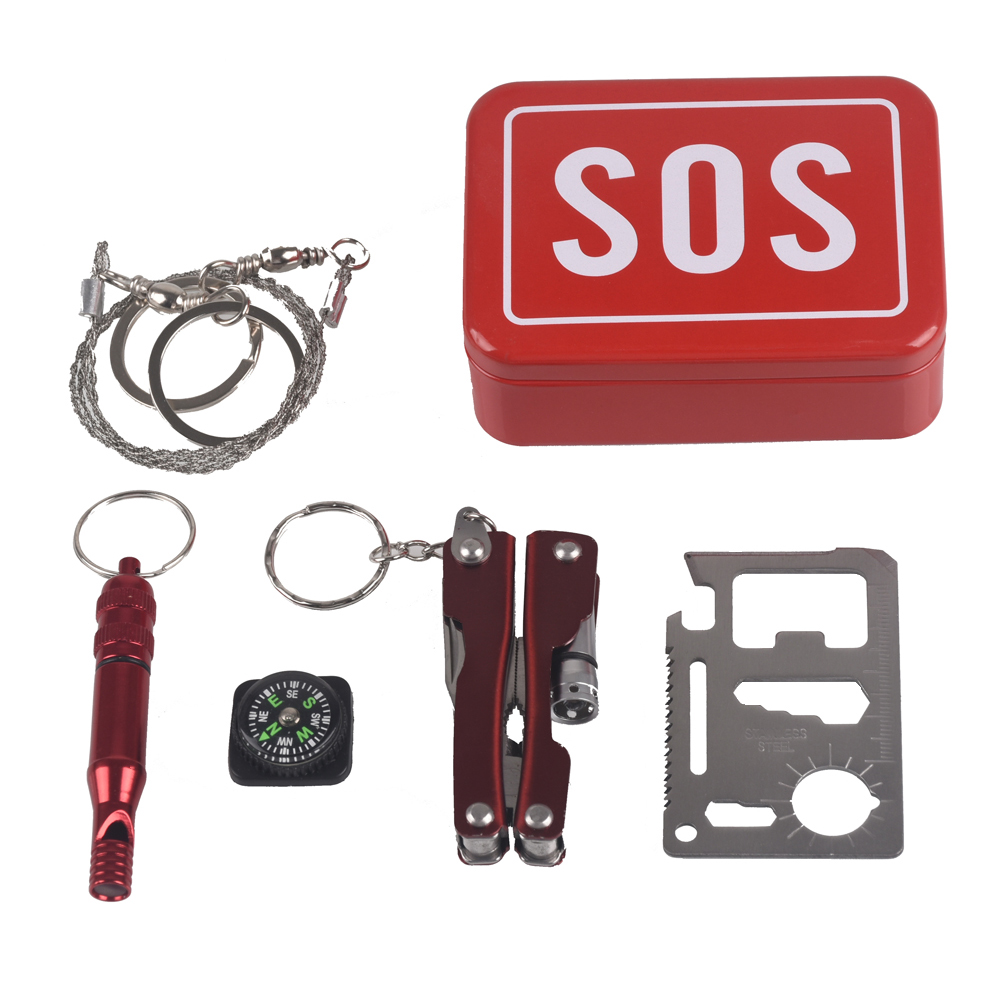 Outdoor equipment emergency bag field survival kit box self-help box SOS equipment for Camping Hiking saw whistle compass tools