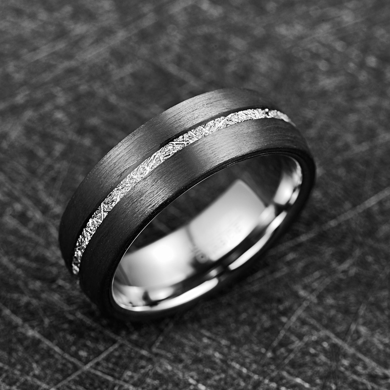 8mm Width Men's Tungsten Carbide Ring Inlaid Carbon Fiber + Imitation Vermiculite Tungsten Steel Ring Wedding Band Ring