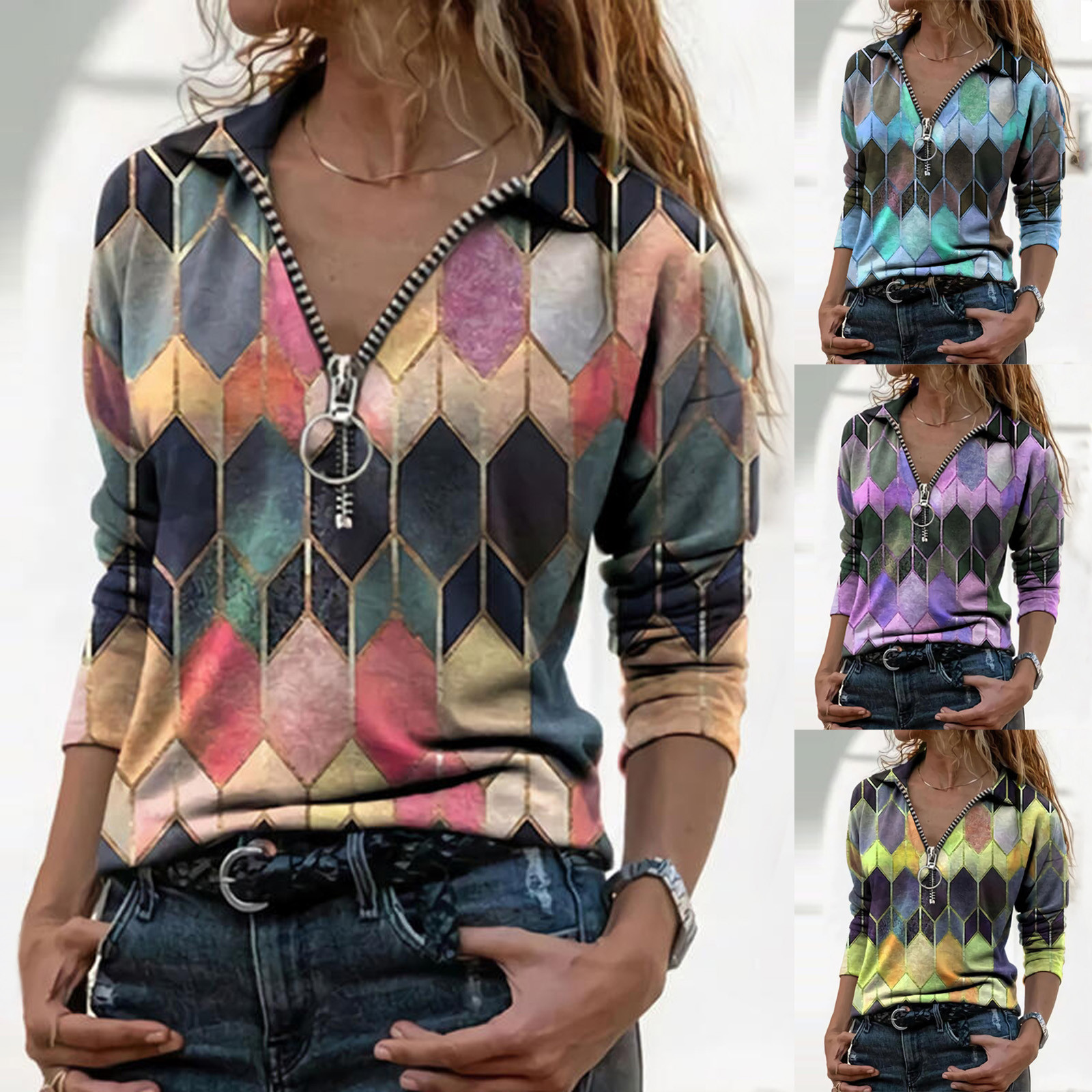 Fashion Geometric Print Blouse Shirt Loose Zipper Tops Tee Casual Autumn Winter Ladies Female Women Long Sleeve Blusas Pullover