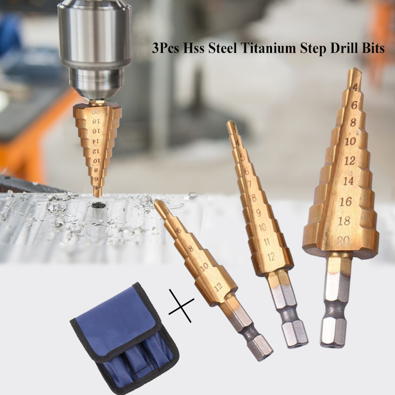 3Pc Hss Step Cone Taper Drill Bit Set Metal Hole Cutter Metric 3-12 4-12 4-20Mm 1/4 inch Titanium Coated Metal Hex Taper