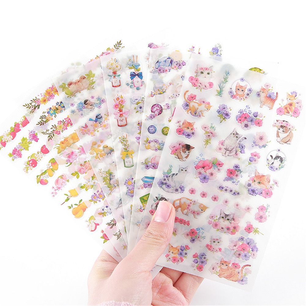 6 Sheets Cute Flowers Cat Paper Stickers DIY Scrapbooking Notebook Diary Photo Decorations Kawaii Stationery Label Stickers Gift