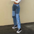 Vintage High Waist Jeans Women Fashion Casual Matching Color Block Straight-Leg Slim Jeans Pants Denim Pants Vaqueros Mujer #F